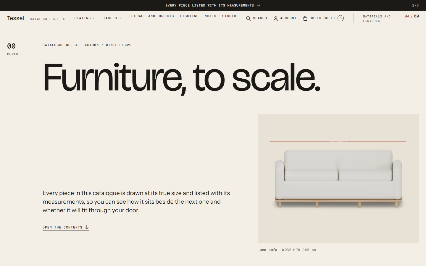 Datum homepage on desktop: a catalogue cover with numbered plates and pieces drawn to scale.