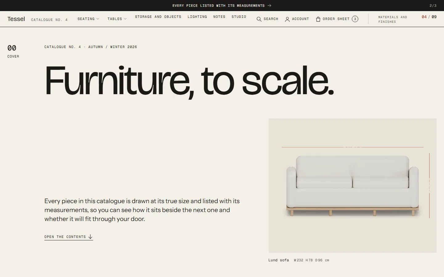 Metrum theme homepage: a catalogue cover with the headline Furniture, to scale and a sofa drawn with its measurements