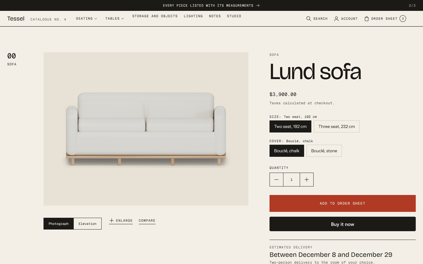 Datum product sheet for the Lund sofa with photographs, measurements and the order button.