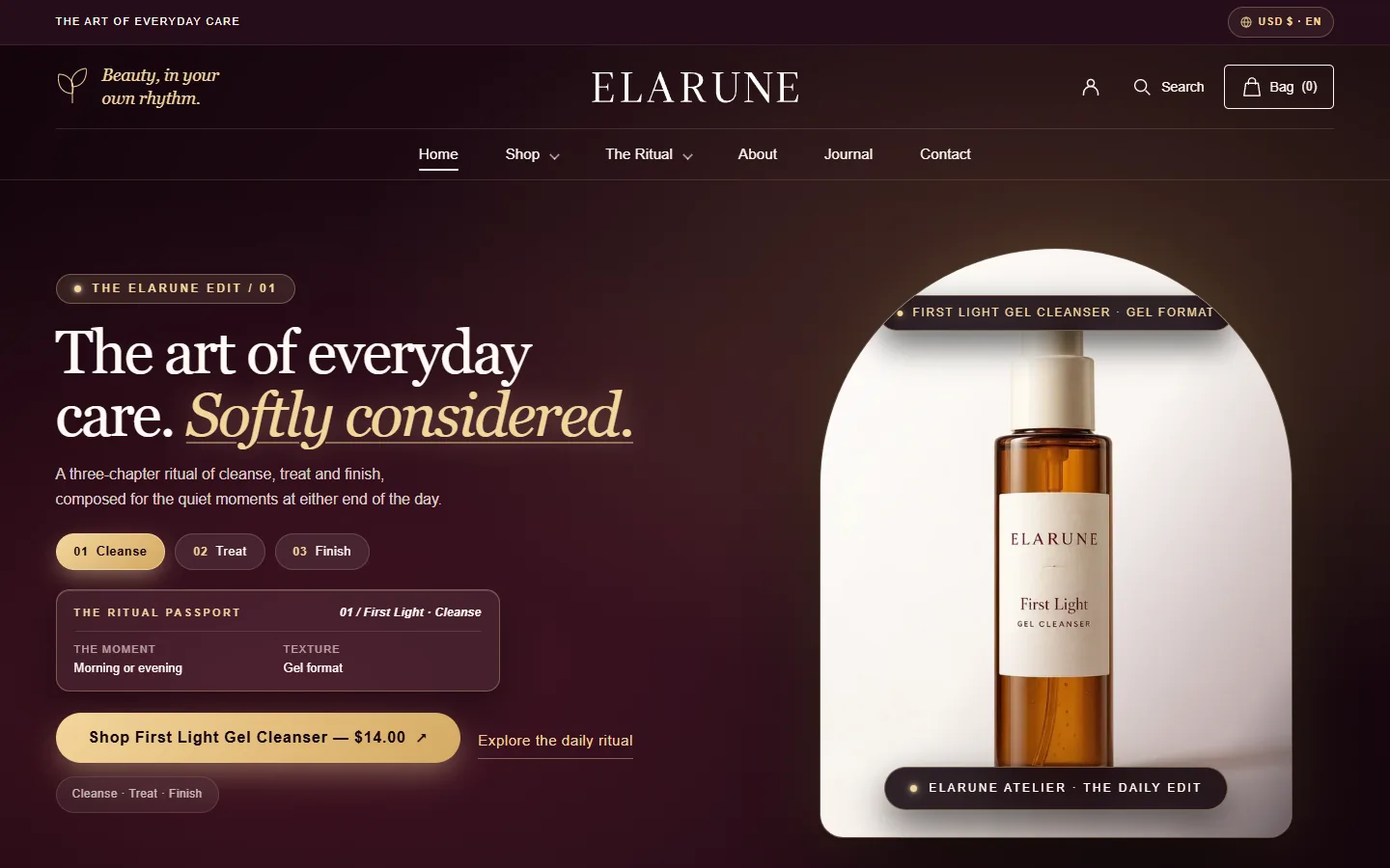 Elarune homepage on desktop: a deep burgundy hero with a First Light gel cleanser in an arched frame and the headline The art of everyday care.