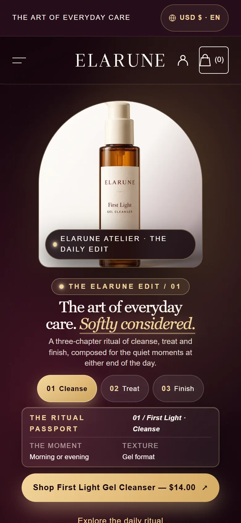 Elarune homepage on a phone with the hero headline, the ritual chapters and the Shop First Light Gel Cleanser button.
