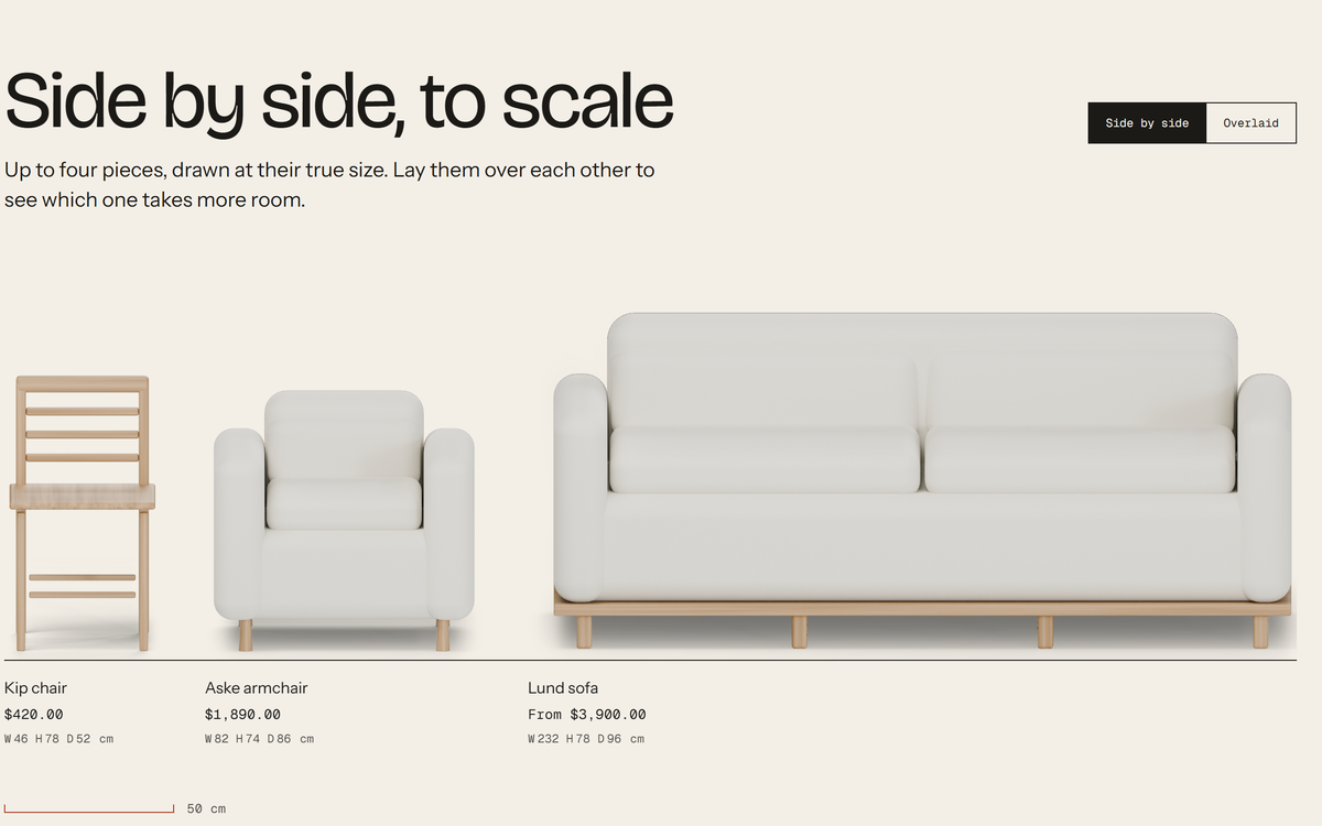 Compare page showing a chair, an armchair and a sofa side by side at the same scale.