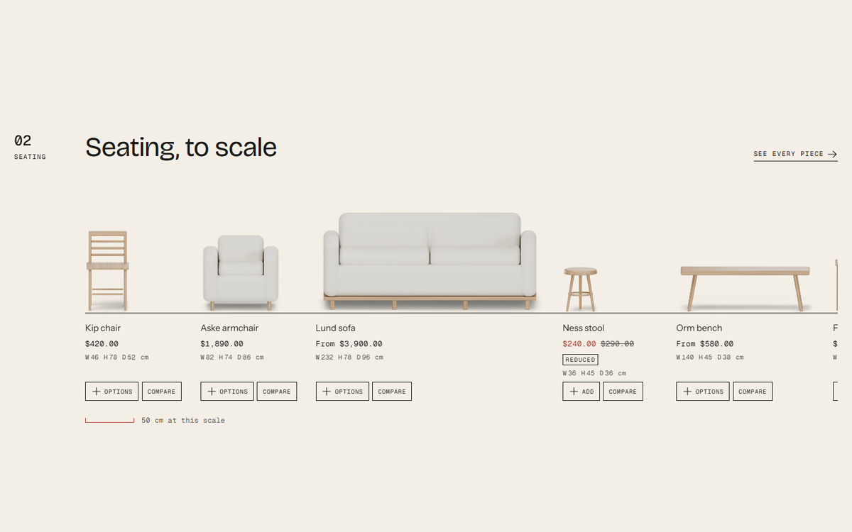 Seating row with a chair, an armchair, a sofa, a stool and a bench drawn to one scale, each with Options and Compare buttons.
