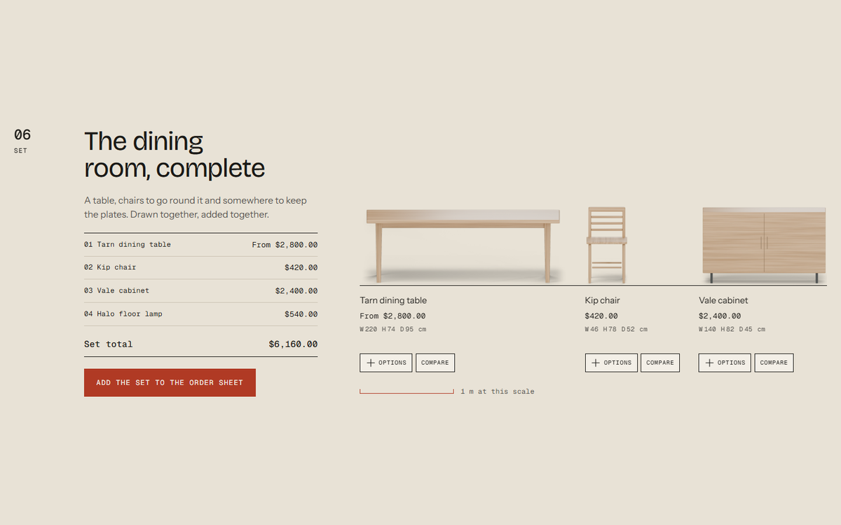 Dining room set with a table, a chair and a cabinet at the same scale, a price list and an Add the set to the order sheet button.