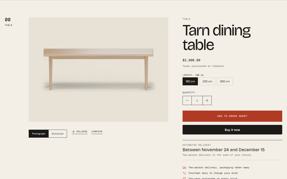 Tarn dining table product sheet with its measurements, a length picker and the Will it fit check.