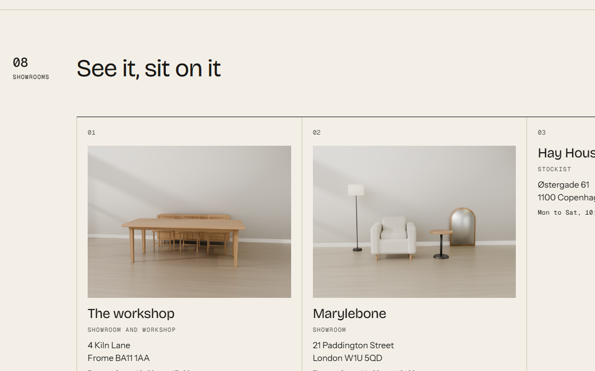 Showrooms plate titled See it, sit on it, with a workshop and a London showroom, each with a photograph and address.
