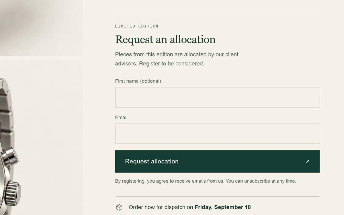 Request an allocation form for a limited edition with first name, email and a consent note.