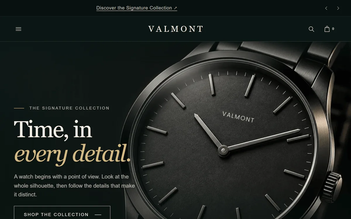 Announcement bar above the header with a linked message and previous and next controls.