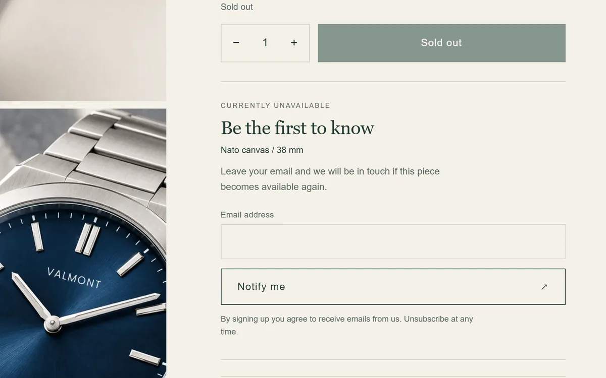 Sold-out option with a Be the first to know email form naming the selected strap and case size.