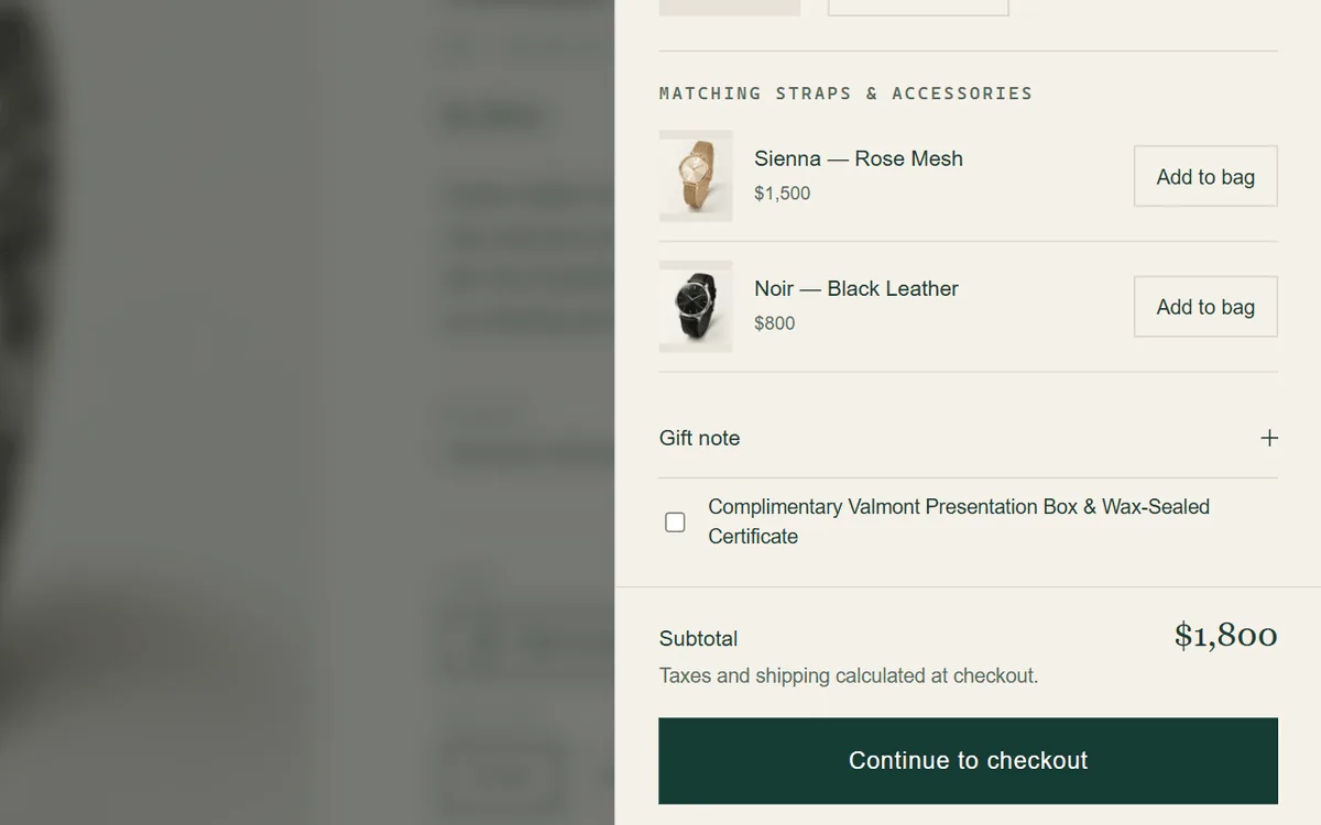 Matching straps and accessories list in the cart drawer with Add to bag buttons and a gift note option.