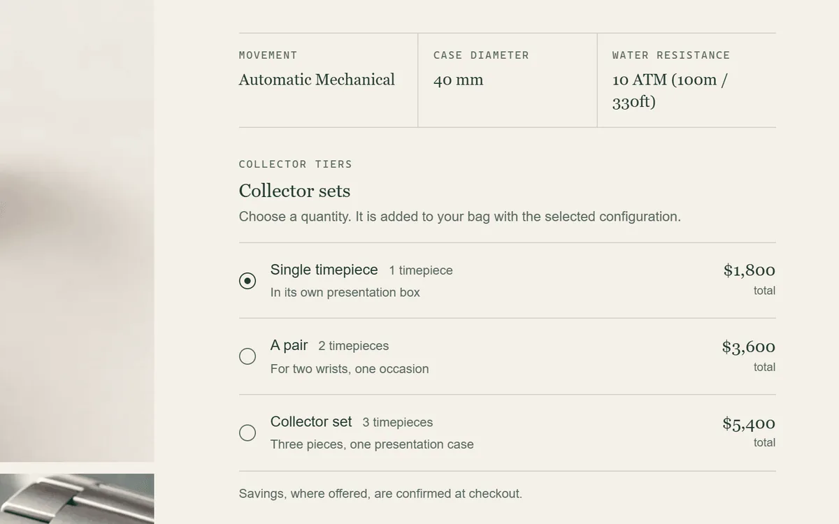 Collector sets selector on a product page with single, pair and three-piece options and their totals.