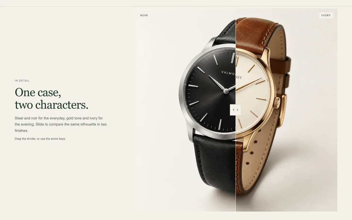 Before and after slider comparing a black-dial steel watch with an ivory-dial gold-tone watch, with Noir and Ivory labels and a drag handle.