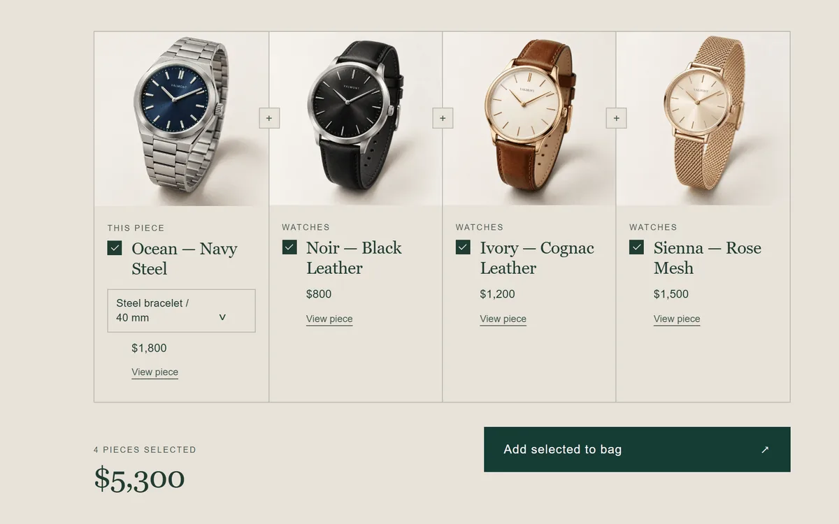 Complete the set section with four watches ticked, a running total and an Add selected to bag button.