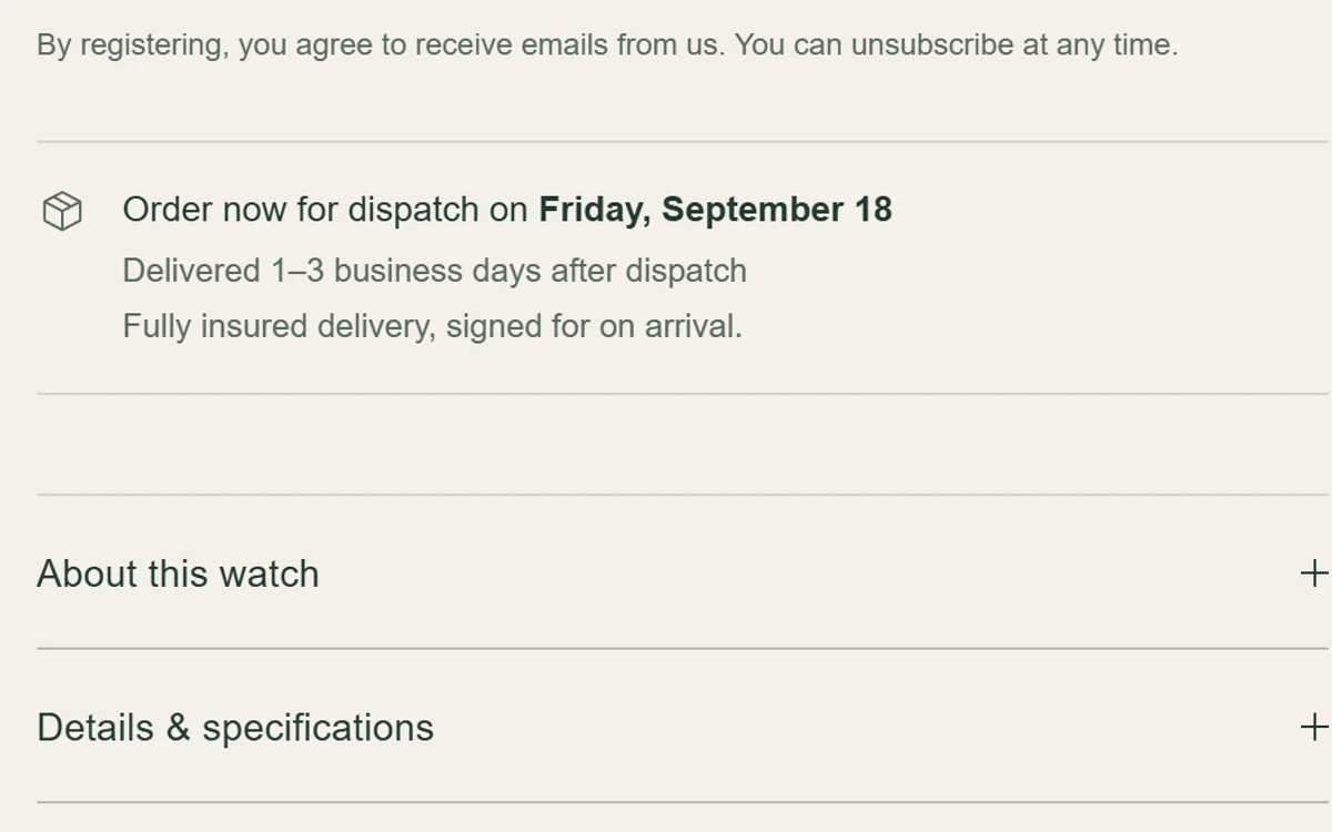 Estimated dispatch line with a dispatch date, a delivery estimate and an insured delivery note.