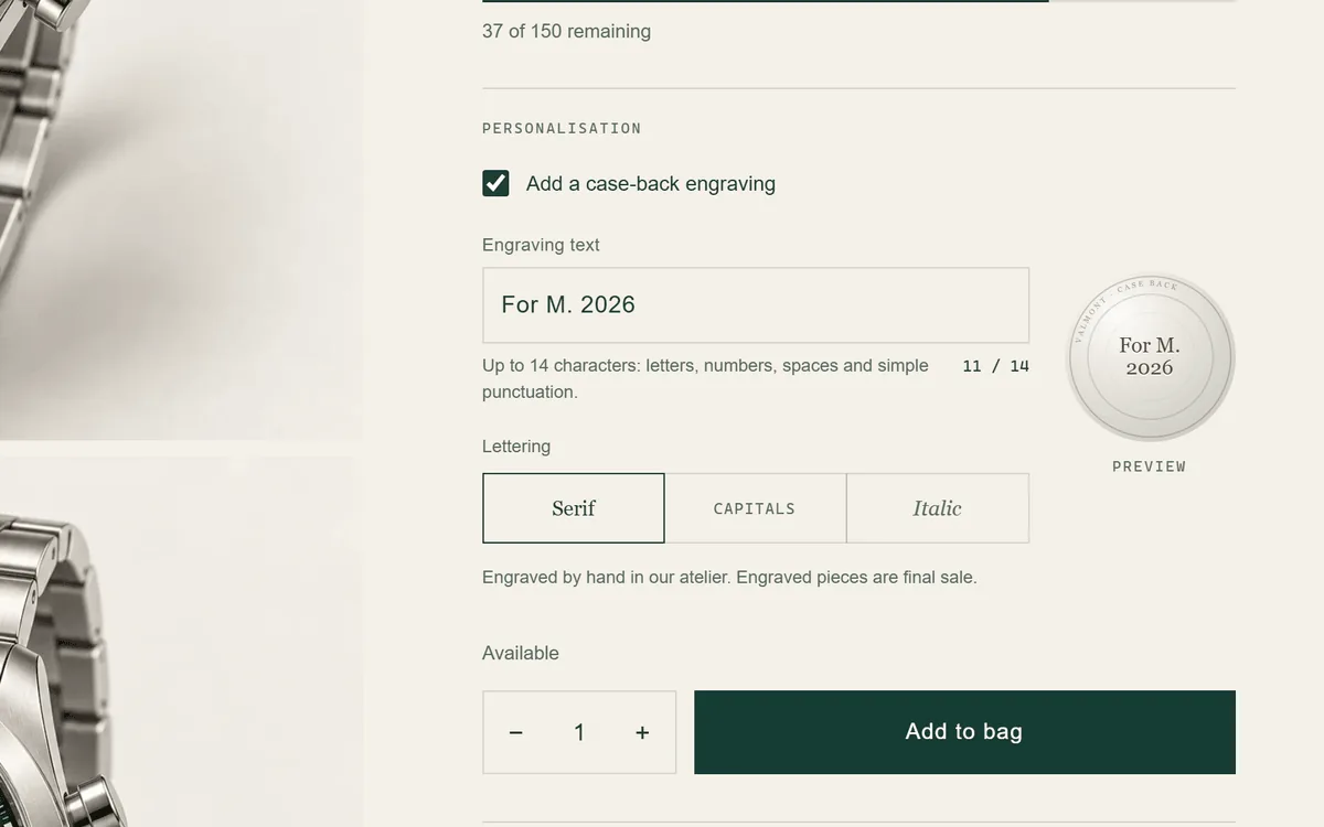 Case-back engraving field with sample text, a character count, lettering styles and a live case-back preview.