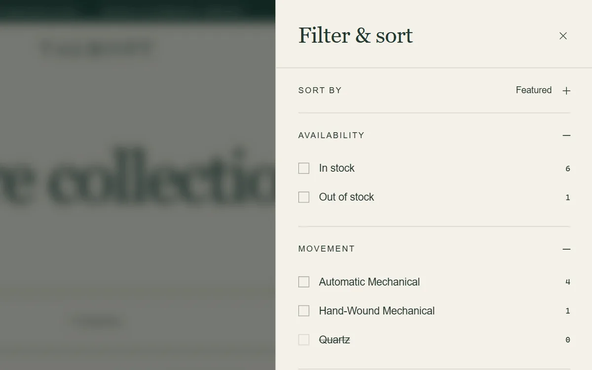 Filter and sort drawer with availability and movement filters and a Show 7 results button.