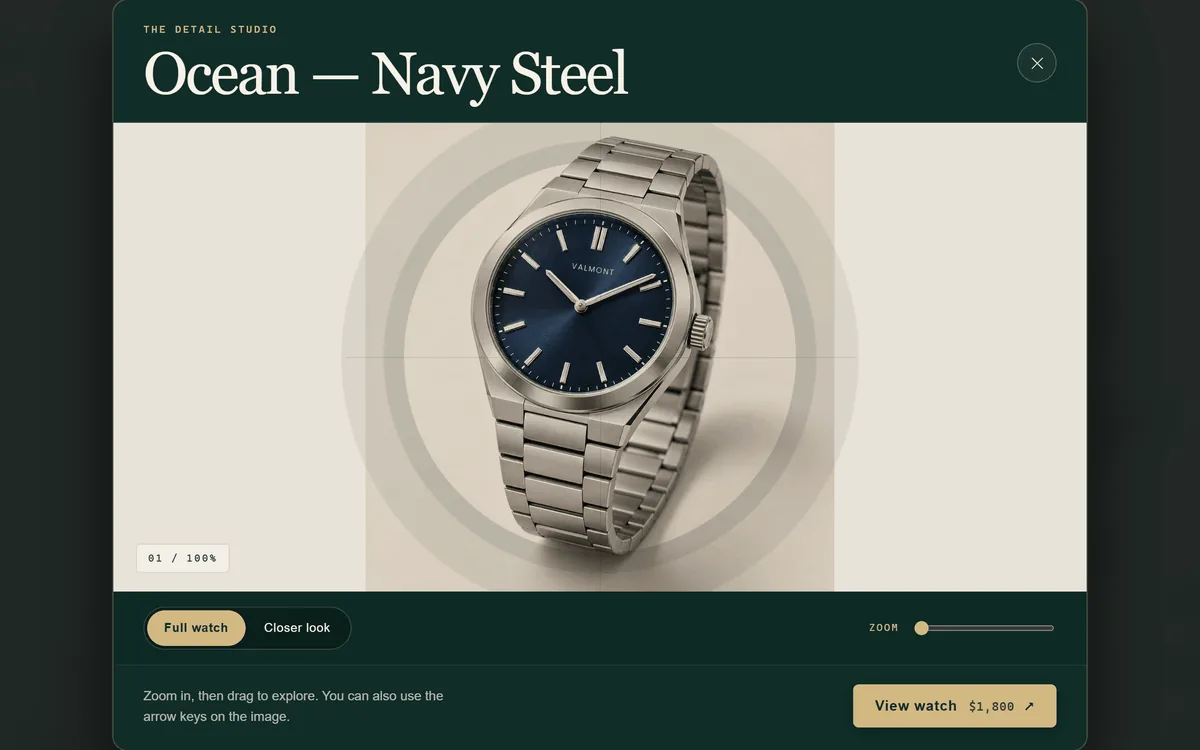 Detail studio dialog showing a navy-dial steel watch with Full watch and Closer look views and a zoom slider.