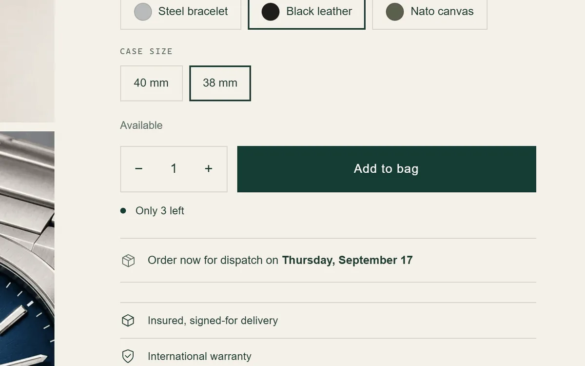 Product page with Black leather and 38 mm selected and an Only 3 left line under the Add to bag button.