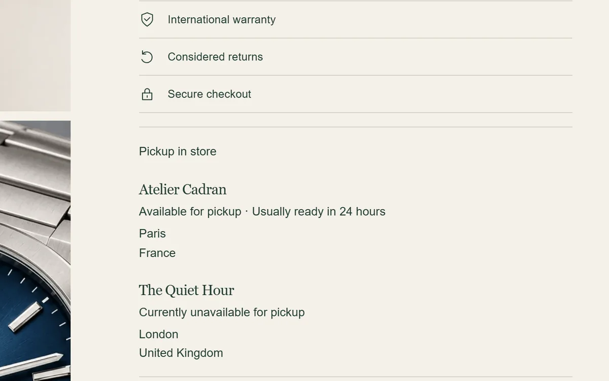 Pickup in store panel listing one location available for pickup and one currently unavailable.