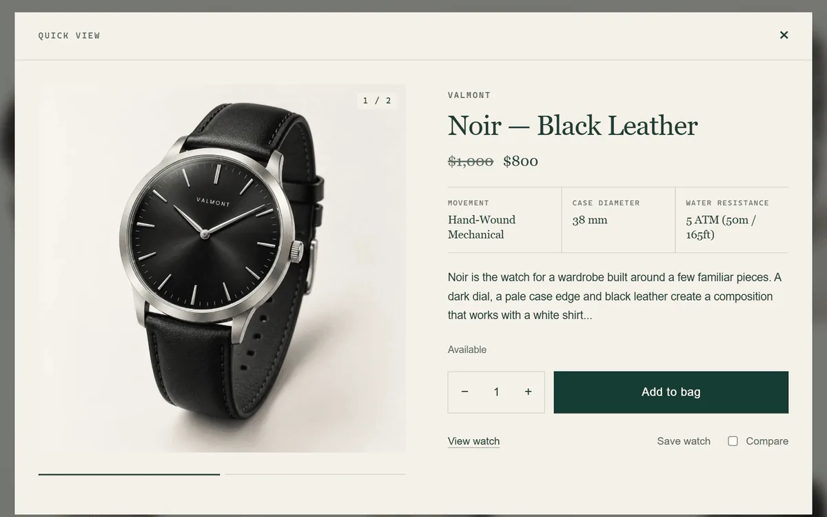 Quick view dialog with a black leather watch, specifications and an Add to bag button.