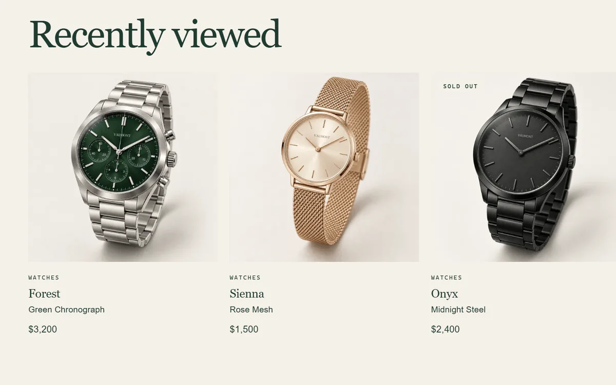 Recently viewed row with three watches under a serif heading.