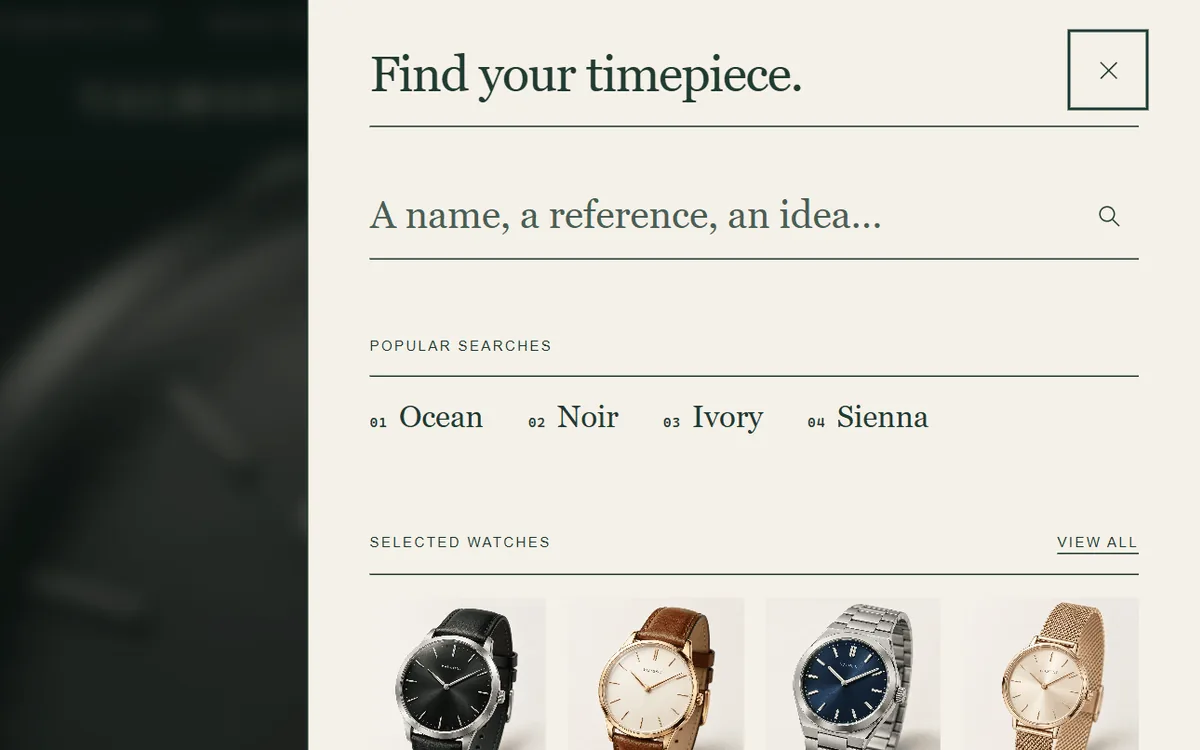 Search drawer titled Find your timepiece with popular searches, selected watches and collections.