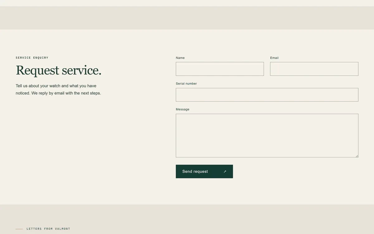 Service request form with name, email, serial number and message fields on the warranty page.