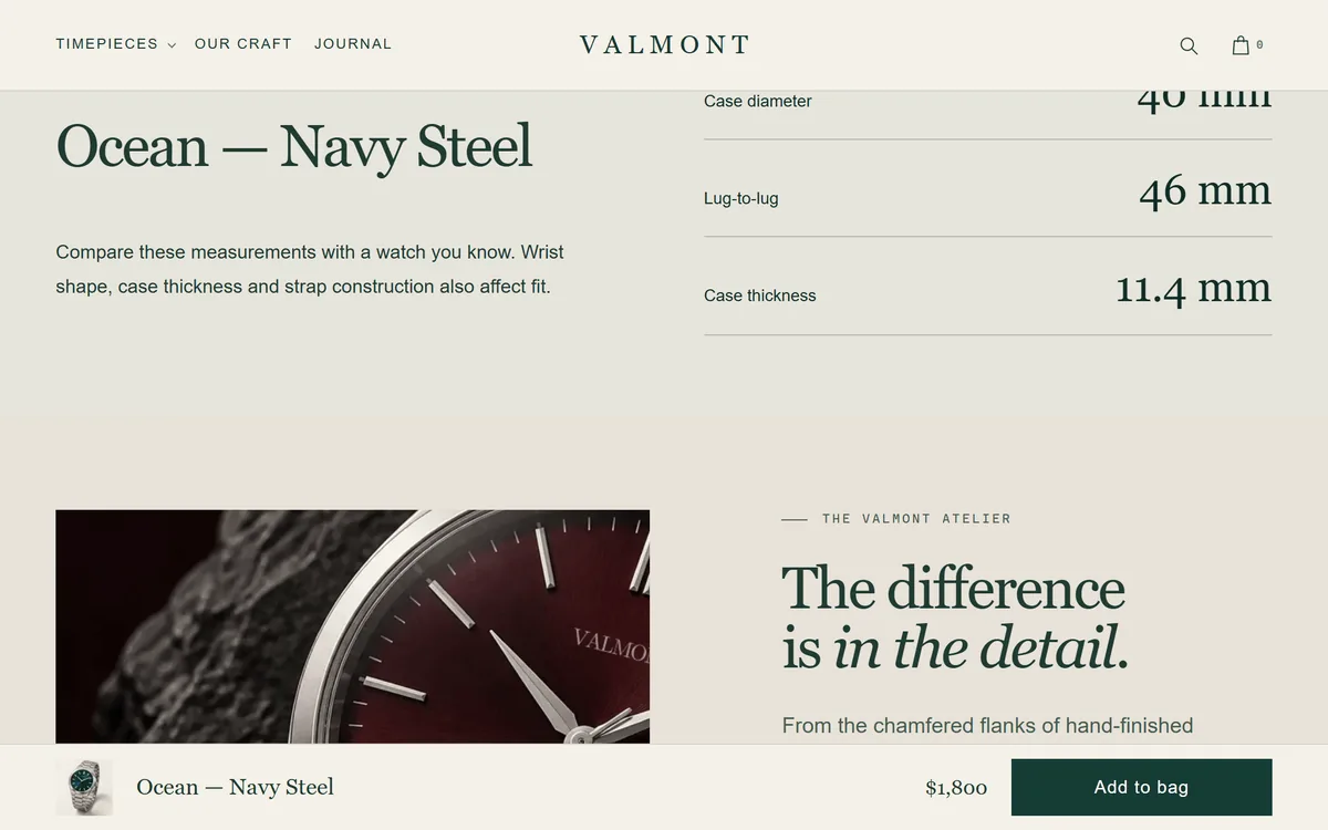 Slim sticky bar at the bottom of a product page with the watch name and an Add to bag button.