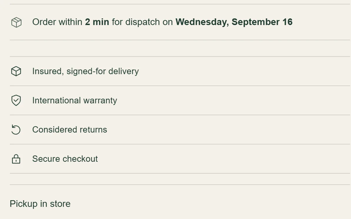 Trust lines under the purchase panel for insured delivery, international warranty, considered returns and secure checkout.