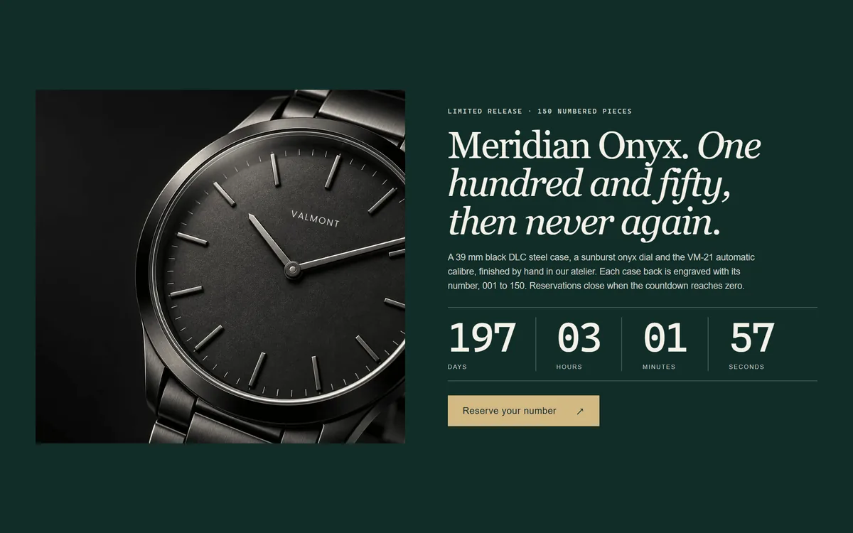 Countdown banner for a limited release with days, hours, minutes and seconds beside a black watch.