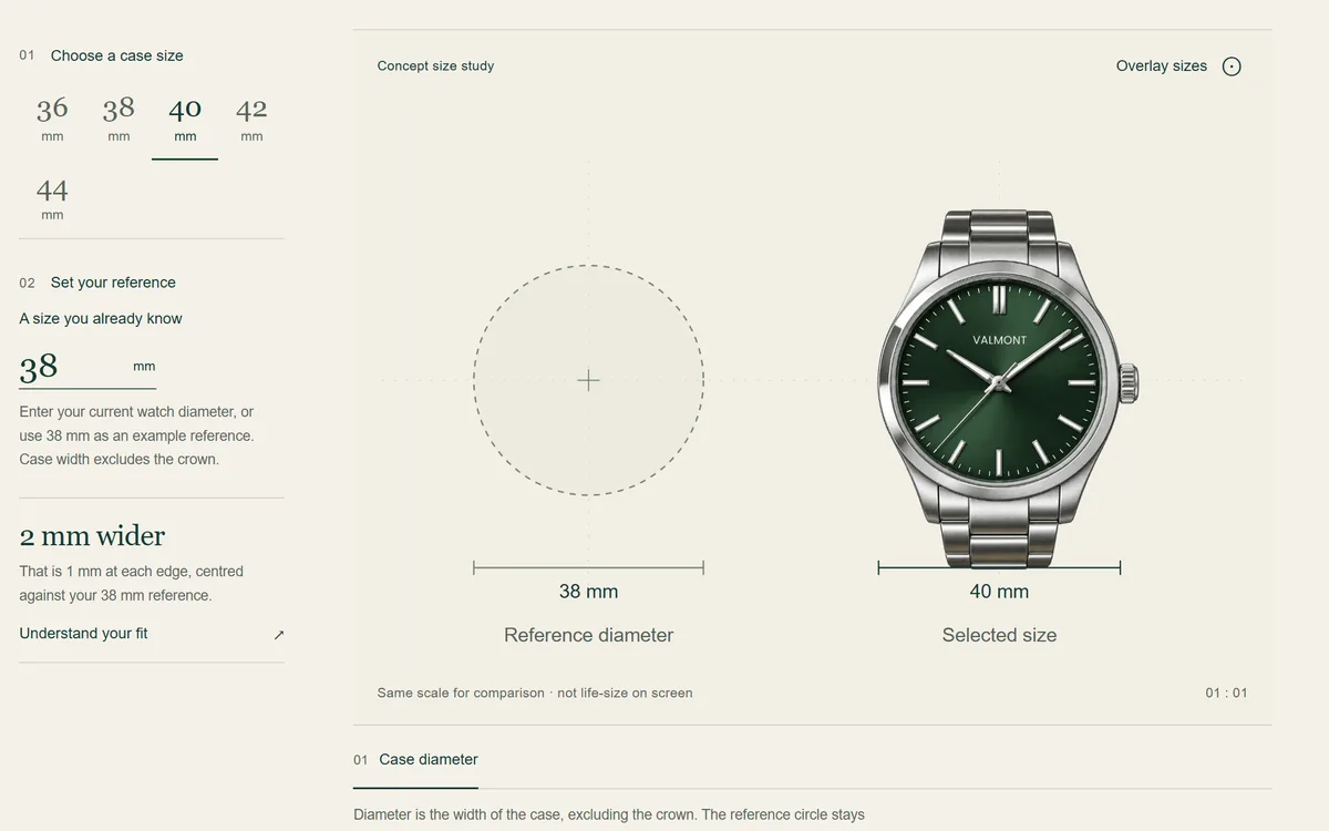 Wrist Atelier comparing a 40 mm watch with a 38 mm reference circle at the same scale.