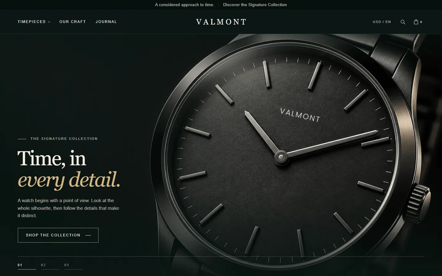Valmont theme homepage with a dark watch-dial hero and the headline Time, in every detail