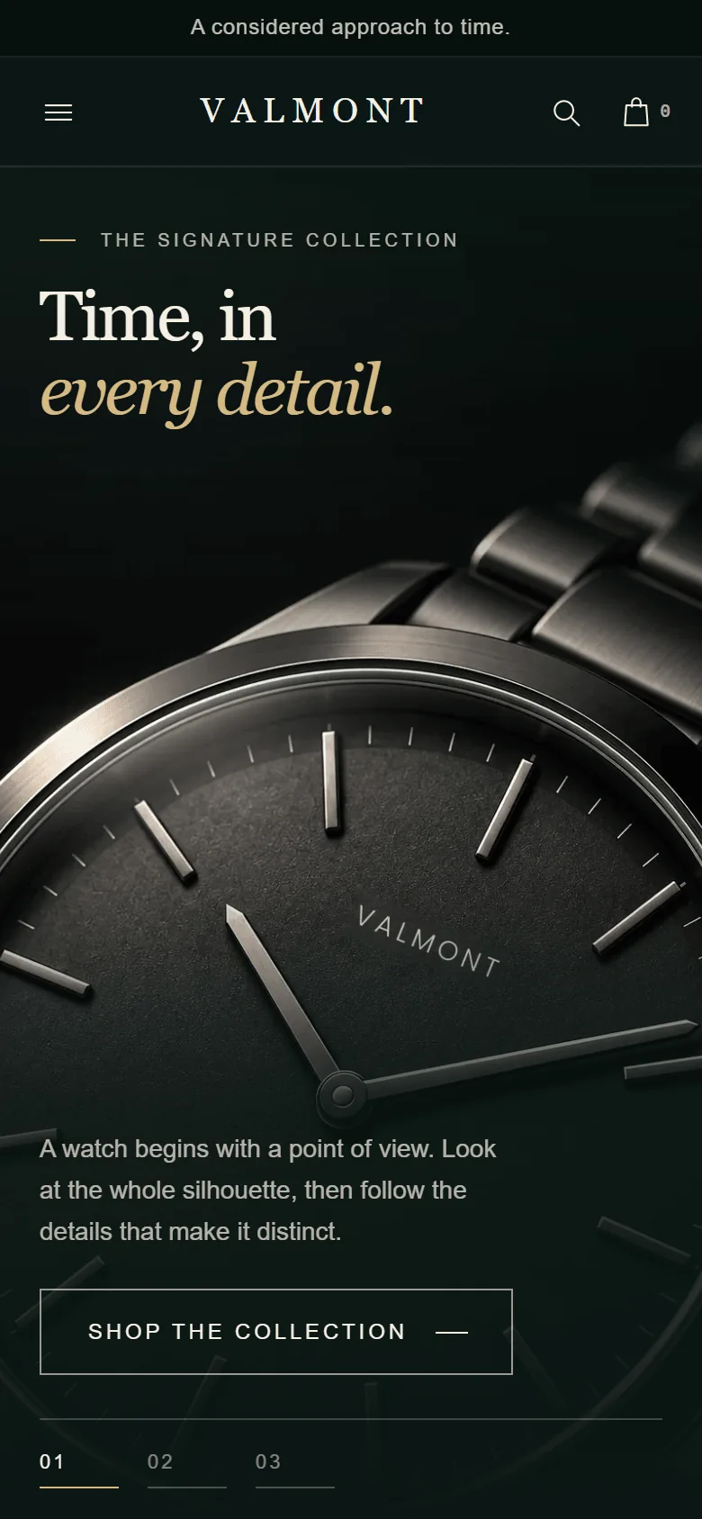 Valmont homepage on a phone with the hero headline and Shop the collection button.