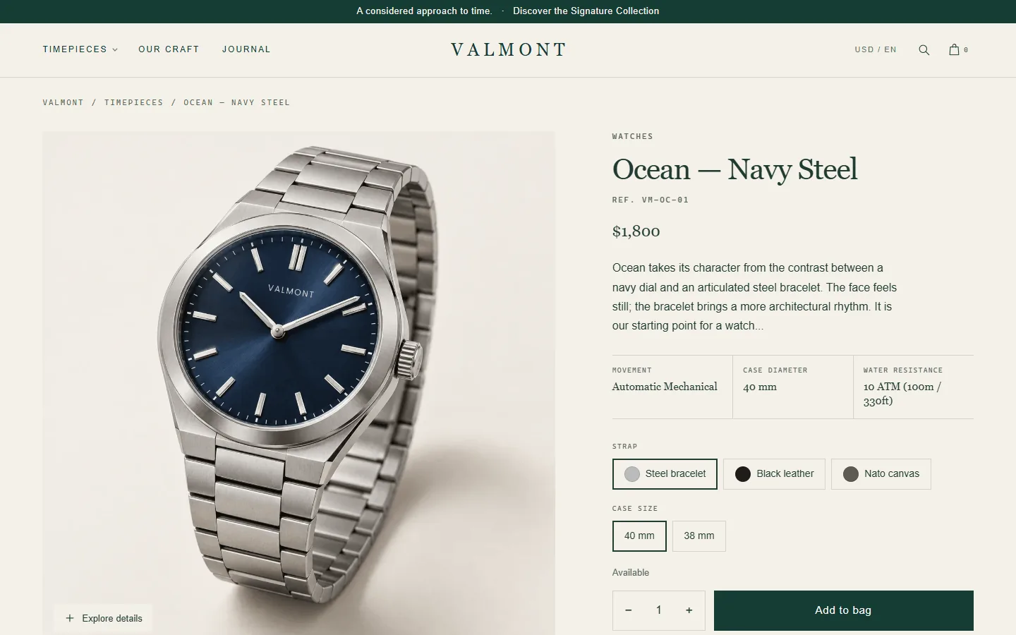 Valmont product page on desktop with gallery, specification summary, strap and case size options and an Add to bag button.