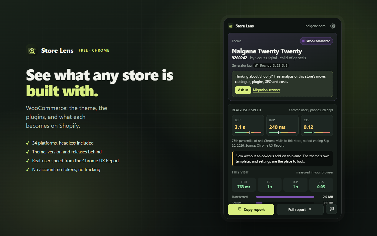 Store Lens on a WooCommerce store: theme and version, plugins with their Shopify equivalents